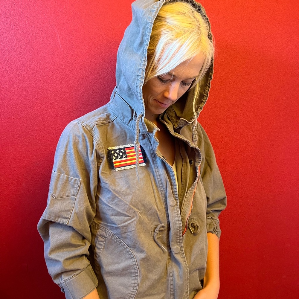 Green jacket.Roxy brand bomber style.XL size with a custom American flag patch.